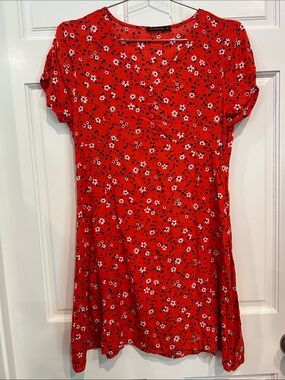 Defacto Red Floral Button-Front Short Sleeve Dress size 40 size 8